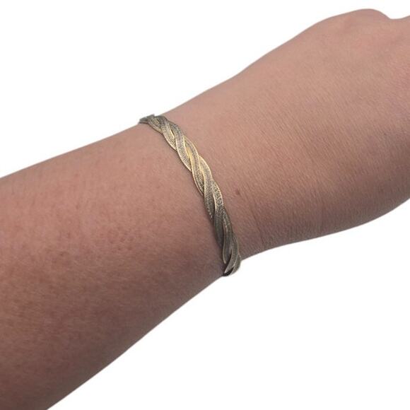 Braided Herringbone Two Tone 925 Italy Silver Etched Design 7" Vintage Bracelet - Picture 2 of 6